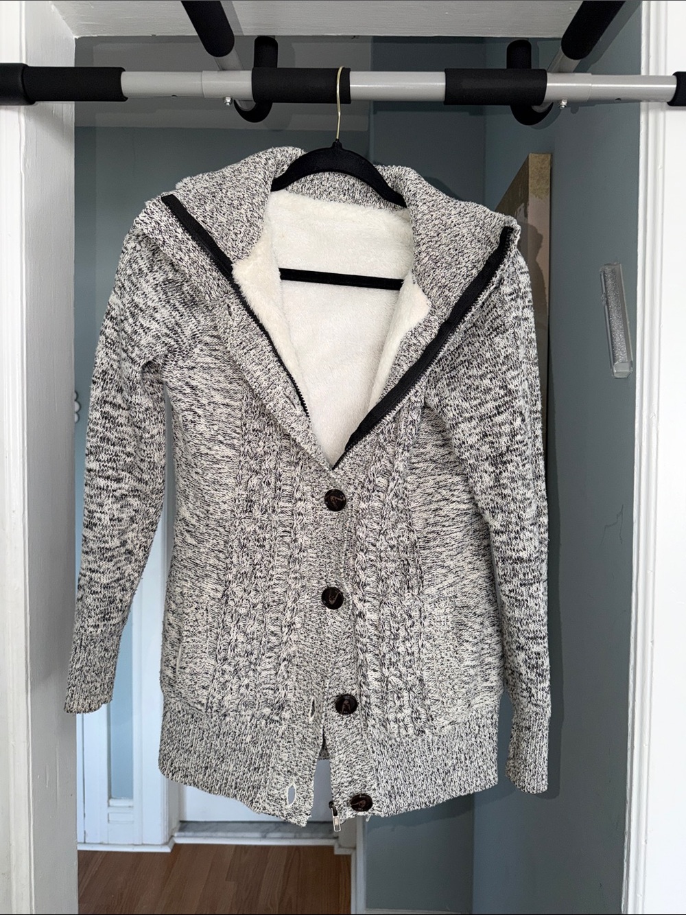 Cozy Sherpa-Lined Knit Hooded Cardigan Sweater - Gray